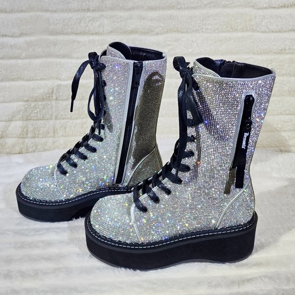 Super Sparkle Iridescent Rhinestone Platform Combat Mid Calf Boots 362 Emily - Picture 4 of 17